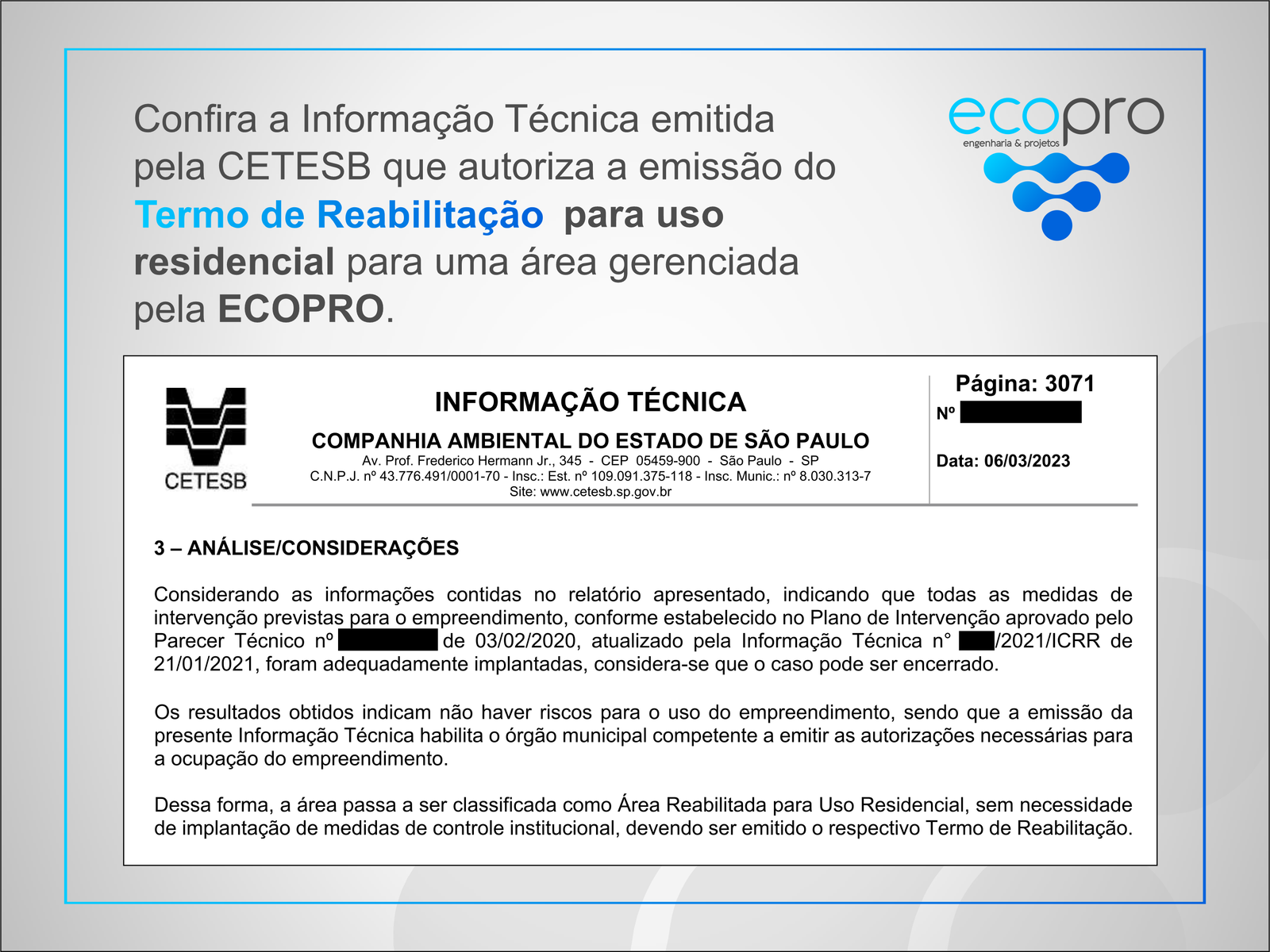 Informação Técnica CETESB - Termo de Reabilitação