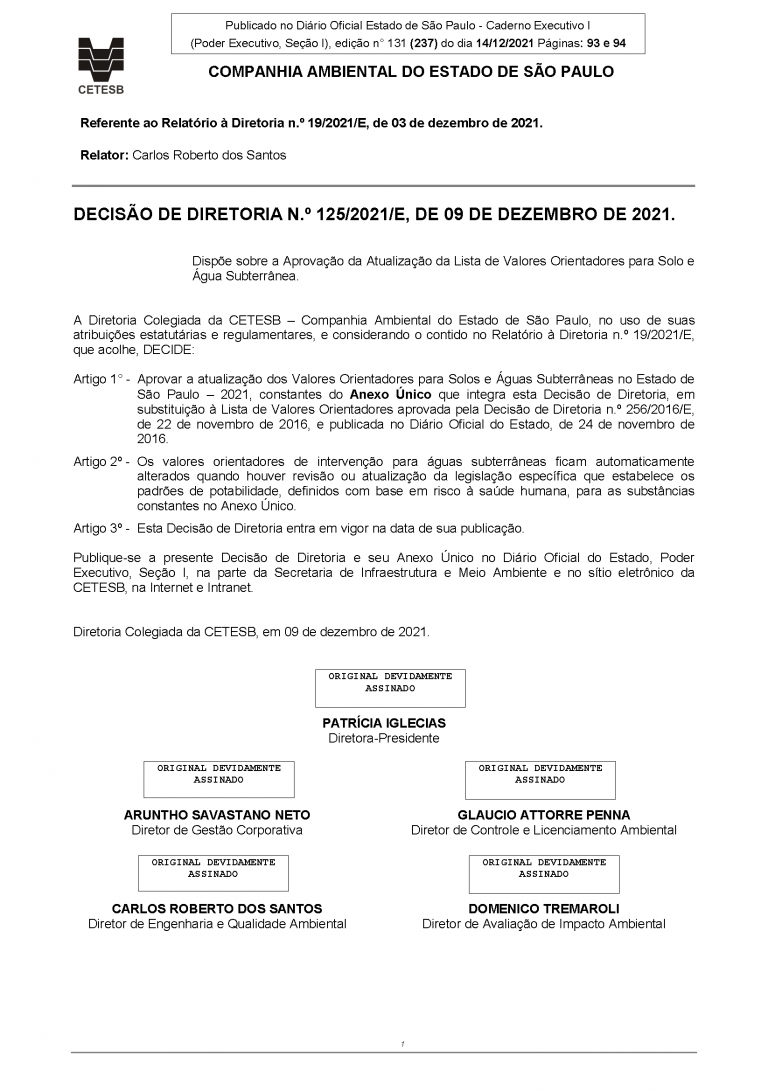 DECISÃO DE DIRETORIA N.º 125/2021/E, DE 09 DE DEZEMBRO DE 2021