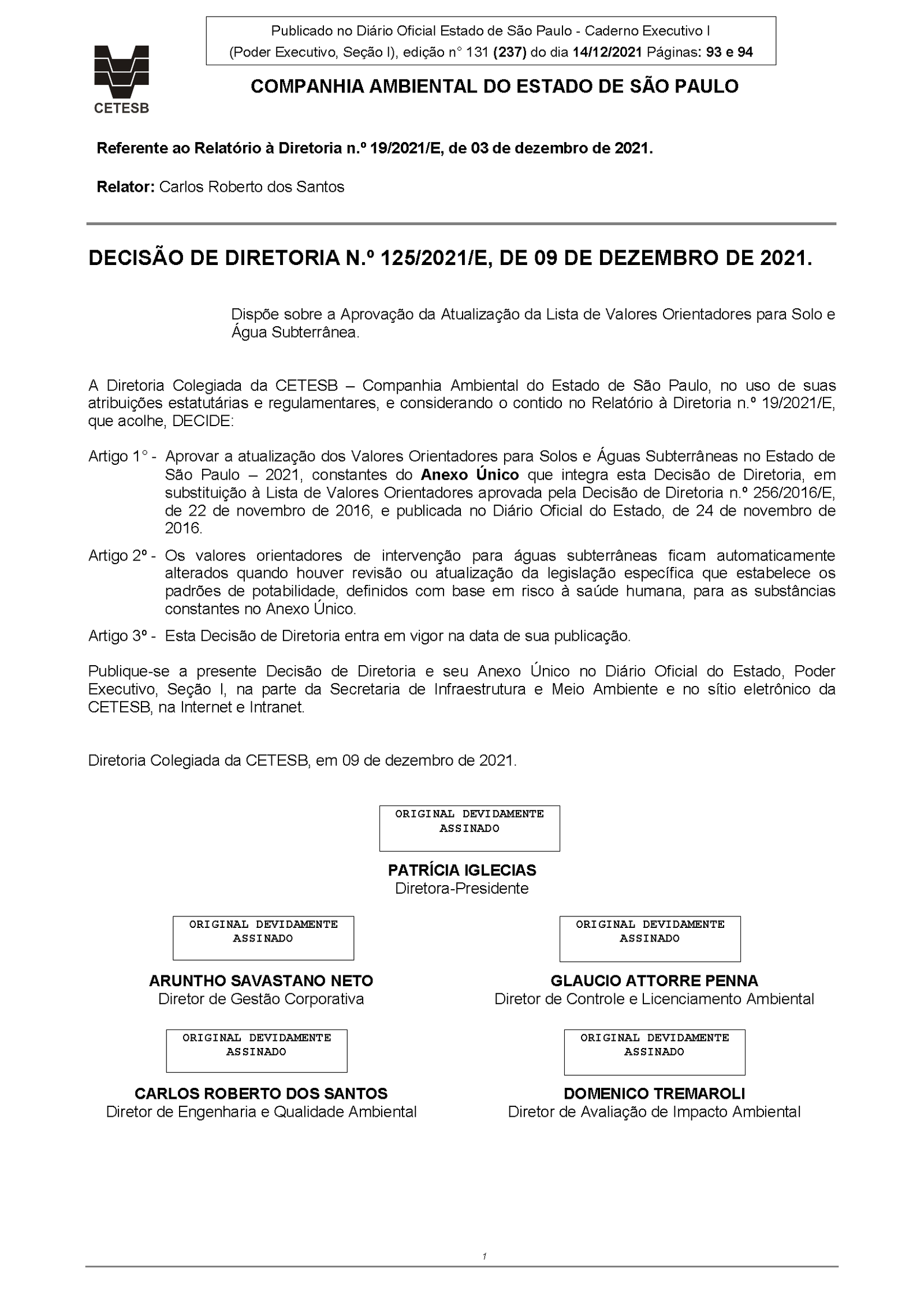DECISÃO DE DIRETORIA N.º 125/2021/E, DE 09 DE DEZEMBRO DE 2021